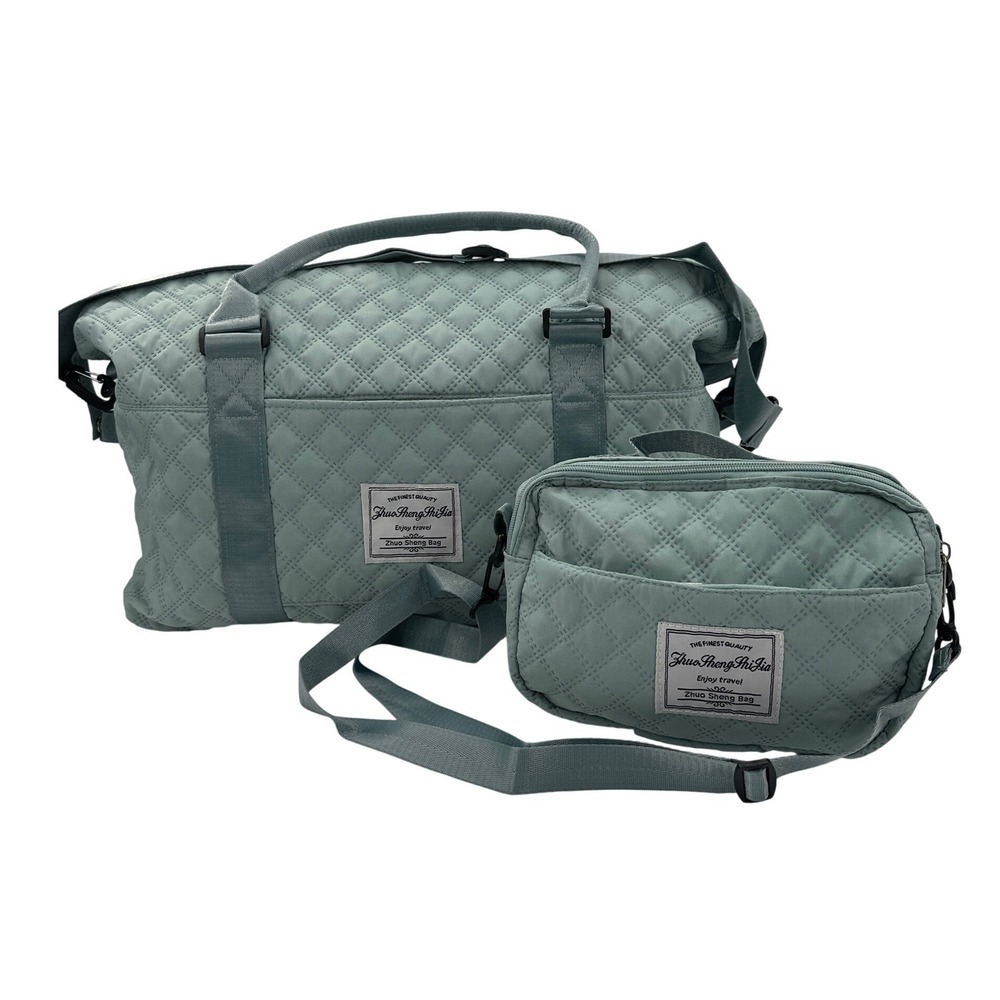 Zhuo Sheng Shi Jia Quilted 2pc Travel Bag Set Sage Green Duffel Crossbody 1057